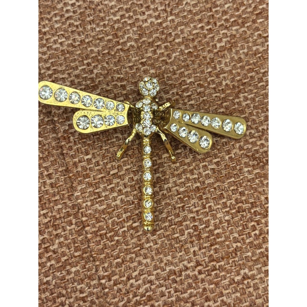Gold Tone Rhinestone Dragonfly Brooch Vintage Style Insect Pin Crystal Jewelry
